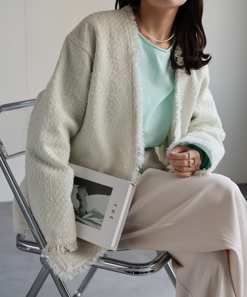 セール】ツイードポケットノーカラージャケット（ノーカラージャケット