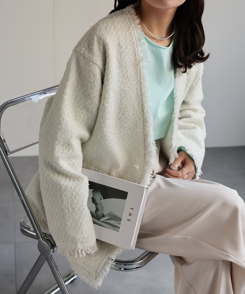 セール】ツイードポケットノーカラージャケット（ノーカラージャケット