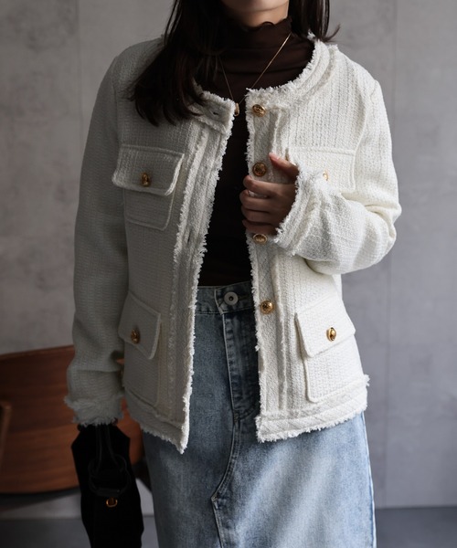 セール】ツイードポケットノーカラージャケット（ノーカラージャケット