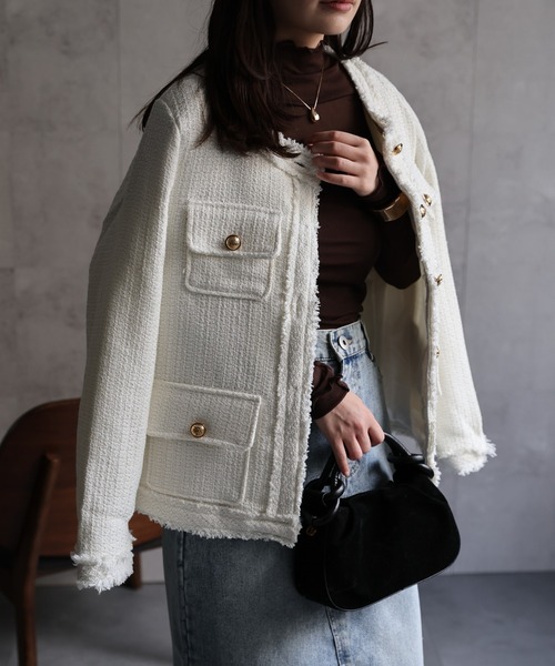 セール】ツイードポケットノーカラージャケット（ノーカラージャケット