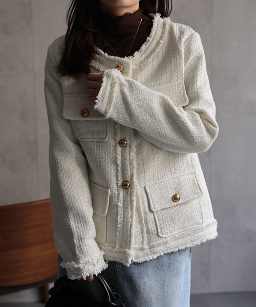 セール】ツイードポケットノーカラージャケット（ノーカラー