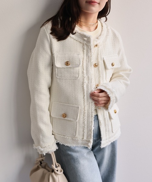 ap retro（アプレトロ）の「【選べるデザイン】ツイードポケットノーカラージャケット / オケージョン（ノーカラージャケット・レディース・アイボリー/ブラック/ブラック系その他/ブラック系その他2/ホワイト・FREE）」の22枚目の写真