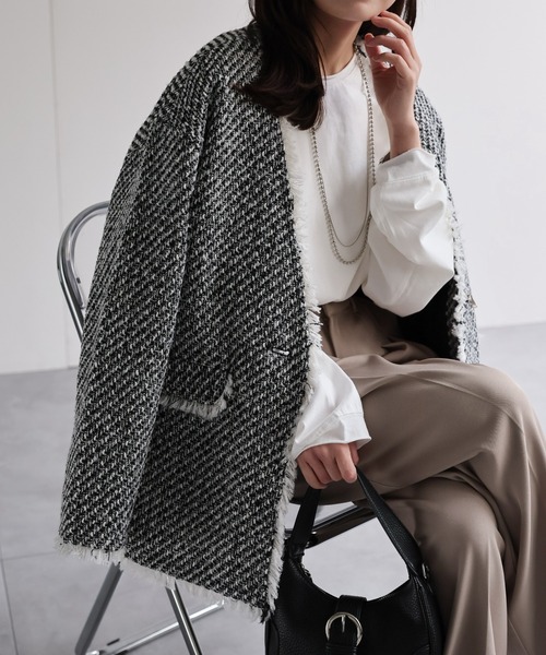 セール】【選べるデザイン】ツイードポケットノーカラージャケット