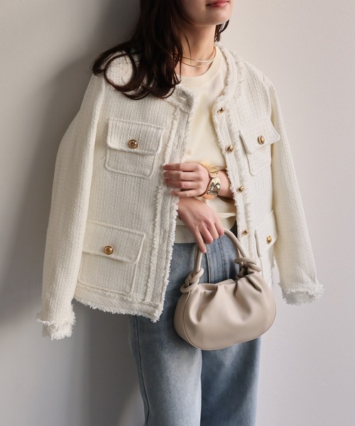 セール】【選べるデザイン】ツイードポケットノーカラージャケット