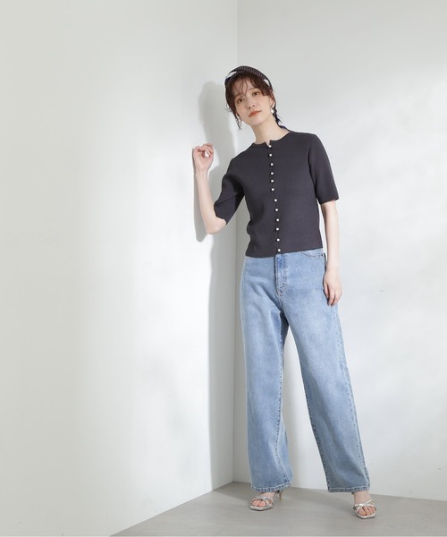 N.(N. Natural Beauty Basic)(エヌエヌナチュラルビューティーベーシック)の「◆パールボタン半袖リブニット(ニット/セーター・レディース・オフホワイト/ライトグリーン/グレー・MEDIUM)」の14枚目の写真