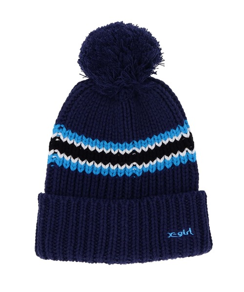 X-girl(エックスガール)の「CONTRAST STRIPE KNIT CAP(ニットキャップ/ビーニー・レディース・ブルー/ブラック・ONE SIZE)」の2枚目の写真