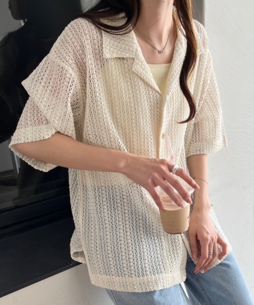 nemne store（ネンネストア）の「オープンカラーレースシャツ（シャツ/ブラウス・レディース・グリーン/ブラック/オフホワイト・フリー）」の4枚目の写真