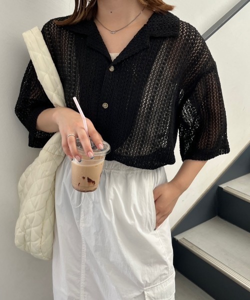 nemne store（ネンネストア）の「オープンカラーレースシャツ（シャツ/ブラウス・レディース・グリーン/ブラック/オフホワイト・フリー）」の7枚目の写真