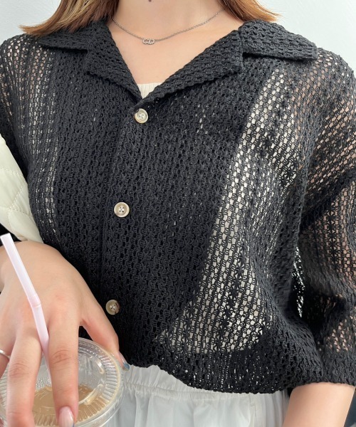 nemne store（ネンネストア）の「オープンカラーレースシャツ（シャツ/ブラウス・レディース・グリーン/ブラック/オフホワイト・フリー）」の5枚目の写真