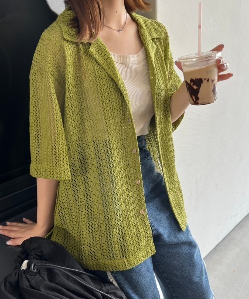 nemne store（ネンネストア）の「オープンカラーレースシャツ（シャツ/ブラウス・レディース・グリーン/ブラック/オフホワイト・フリー）」の8枚目の写真