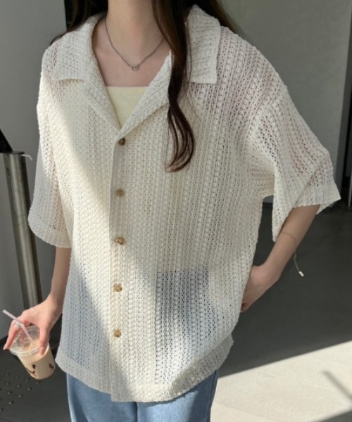 nemne store（ネンネストア）の「オープンカラーレースシャツ（シャツ/ブラウス・レディース・グリーン/ブラック/オフホワイト・フリー）」の13枚目の写真