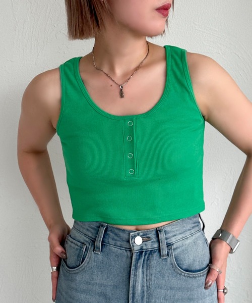 apres jour mignon(アプレジュールミニョン)の「カップ付きヘンリーショートタンク【ZOZOTOWN限定アイテム】(タンクトップ・レディース・ブルー/グリーン/オフホワイト/ピンク/ブラック・X-LARGE/フリー)」の3枚目の写真