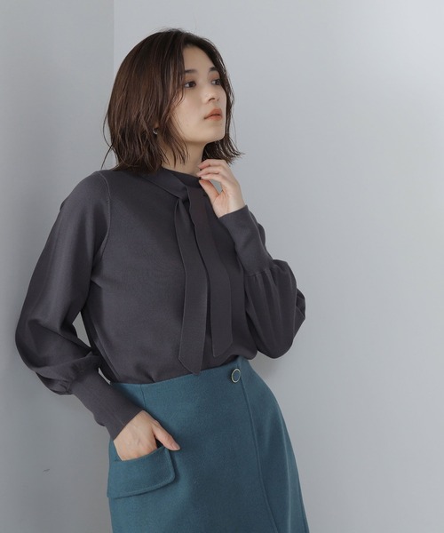 NATURAL BEAUTY BASIC（ナチュラルビューティーベーシック）の「◇ハイネックナローボウタイニット（ニット/セーター・レディース・ライトグリーン/オフホワイト/チャコールグレー・FREE）」の8枚目の写真