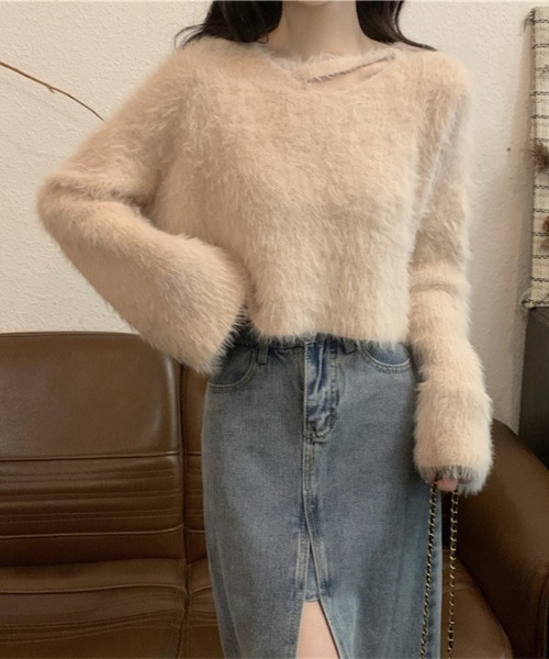 gossip！ロサンゼルス（ゴシップロサンゼルス）の「デコルテデザイン フェザーヤーンニット（ニット/セーター・レディース・オフホワイト/ブラック/グレー/ホワイト/ベージュ・FREE）」の10枚目の写真