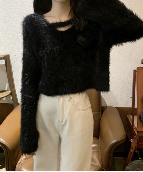 gossip！ロサンゼルス（ゴシップロサンゼルス）の「デコルテデザイン フェザーヤーンニット（ニット/セーター・レディース・オフホワイト/ブラック/グレー/ホワイト/ベージュ・FREE）」の15枚目の写真