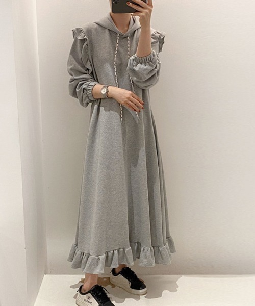 【セール】ショルダーフリルパーカーワンピース（ワンピース）｜deux amour（ドゥーザムール）