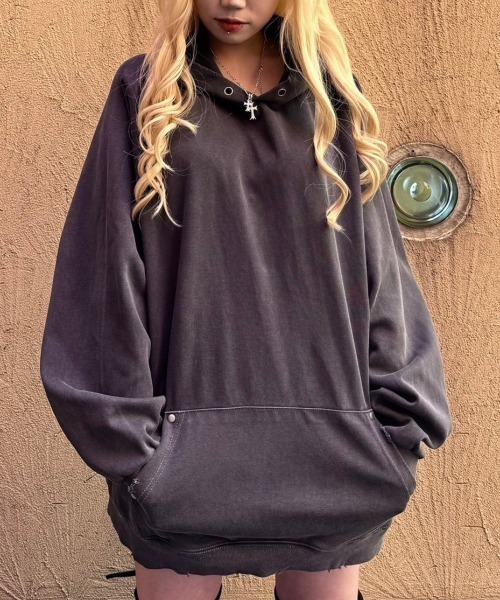 XU(エックスユー)の「ストリートファッション XU エックスユー studs pigment hoodie スタッズ ピグメント フーディー ラグランパーカー オーバーサイズ 長袖トップス 韓国ファッション(パーカー・メンズ・チャコールグレー/ベージュ・ONE SIZE)」の10枚目の写真