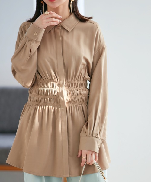 VIS（ビス）の「【洗える】ウエストシャーリングブラウス（シャツ/ブラウス・レディース・ベージュ/オフホワイト/グリーン系その他・FREE）」の2枚目の写真