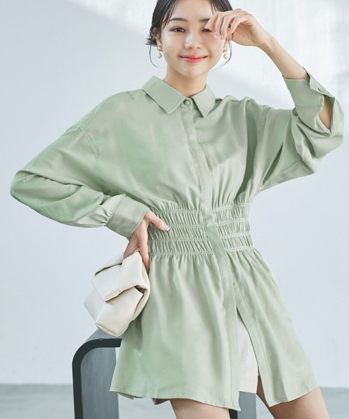 VIS（ビス）の「【洗える】ウエストシャーリングブラウス（シャツ/ブラウス・レディース・ベージュ/オフホワイト/グリーン系その他・FREE）」の3枚目の写真