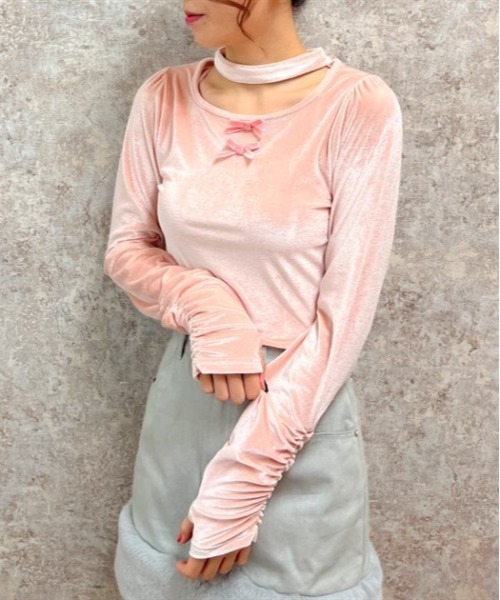 axes femme POETIQUE(アクシーズファムポエティック)の「チョーカーデザインベロアプル(Tシャツ/カットソー・レディース・モカ/ブラック/ピンク・MEDIUM)」の3枚目の写真