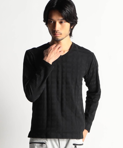 HIDEAWAYS NICOLE（ハイダウェイニコル）の「タックボーダーカノコ・リンクスチェックVネックプルオーバ―（Tシャツ/カットソー・メンズ・オフホワイト/ブラック/ブラック系/ホワイト系・LARGE/MEDIUM/X-LARGE）」の4枚目の写真