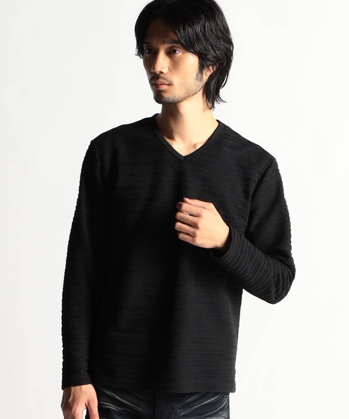 HIDEAWAYS NICOLE（ハイダウェイニコル）の「タックボーダーカノコ・リンクスチェックVネックプルオーバ―（Tシャツ/カットソー・メンズ・オフホワイト/ブラック/ブラック系/ホワイト系・LARGE/MEDIUM/X-LARGE）」の3枚目の写真