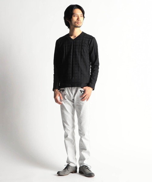 HIDEAWAYS NICOLE（ハイダウェイニコル）の「タックボーダーカノコ・リンクスチェックVネックプルオーバ―（Tシャツ/カットソー・メンズ・オフホワイト/ブラック/ブラック系/ホワイト系・LARGE/MEDIUM/X-LARGE）」の12枚目の写真