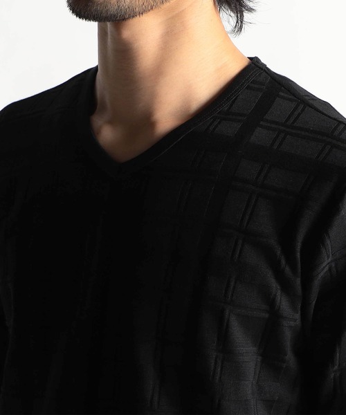 HIDEAWAYS NICOLE（ハイダウェイニコル）の「タックボーダーカノコ・リンクスチェックVネックプルオーバ―（Tシャツ/カットソー・メンズ・オフホワイト/ブラック/ブラック系/ホワイト系・LARGE/MEDIUM/X-LARGE）」の5枚目の写真