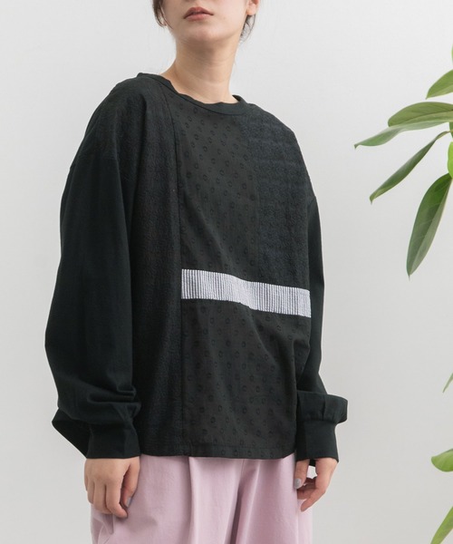 POU DOU DOU（プードゥドゥ）の「異素材ミックスプルオーバー（Tシャツ/カットソー・レディース・ブラック/オフホワイト/イエロー・3）」の3枚目の写真