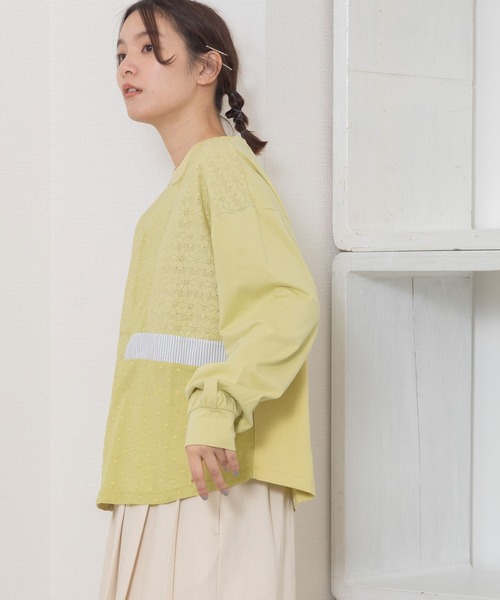 POU DOU DOU（プードゥドゥ）の「異素材ミックスプルオーバー（Tシャツ/カットソー・レディース・ブラック/オフホワイト/イエロー・3）」の14枚目の写真