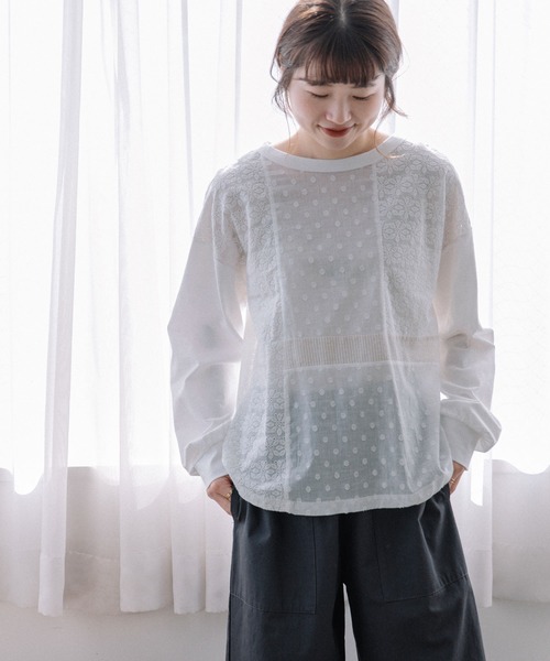 POU DOU DOU（プードゥドゥ）の「異素材ミックスプルオーバー（Tシャツ/カットソー・レディース・ブラック/オフホワイト/イエロー・3）」の7枚目の写真