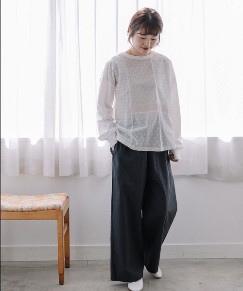 POU DOU DOU（プードゥドゥ）の「異素材ミックスプルオーバー（Tシャツ/カットソー・レディース・ブラック/オフホワイト/イエロー・3）」の9枚目の写真