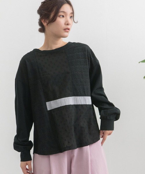 POU DOU DOU（プードゥドゥ）の「異素材ミックスプルオーバー（Tシャツ/カットソー・レディース・ブラック/オフホワイト/イエロー・3）」の11枚目の写真