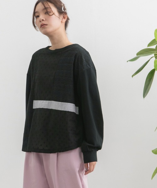 POU DOU DOU（プードゥドゥ）の「異素材ミックスプルオーバー（Tシャツ/カットソー・レディース・ブラック/オフホワイト/イエロー・3）」の4枚目の写真