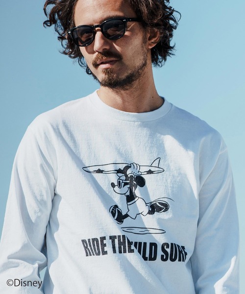 felkod（フィルコッド）の「mlt4625- RIDE THE WILD SURF Mickey Print Long Sleeve Tee カットソー（Tシャツ/カットソー・メンズ・ホワイト×ブラック/ブラック×ピンク/ネイビー×ホワイト・S/M/L）」の2枚目の写真