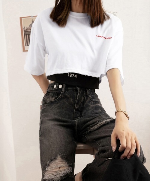 Miniministore(ミニミニストア)の「ヘソ出しtシャツ タンクトップ 韓国(Tシャツ/カットソー・レディース・ホワイト×ブラック・M/XL/L)」の2枚目の写真