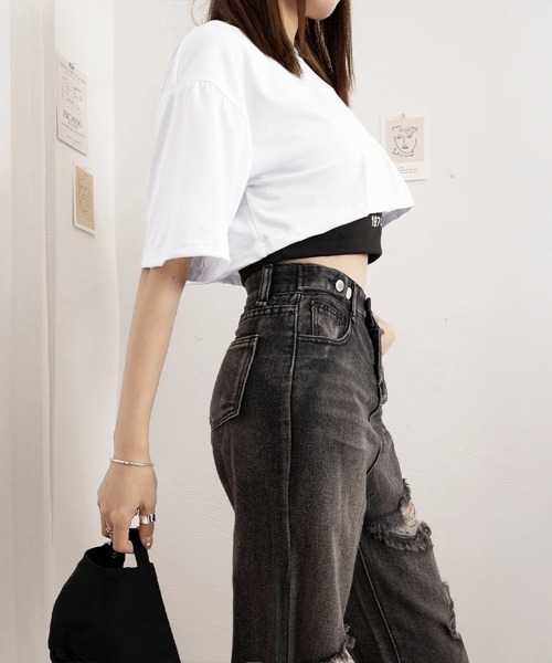 Miniministore(ミニミニストア)の「ヘソ出しtシャツ タンクトップ 韓国(Tシャツ/カットソー・レディース・ホワイト×ブラック・M/XL/L)」の3枚目の写真