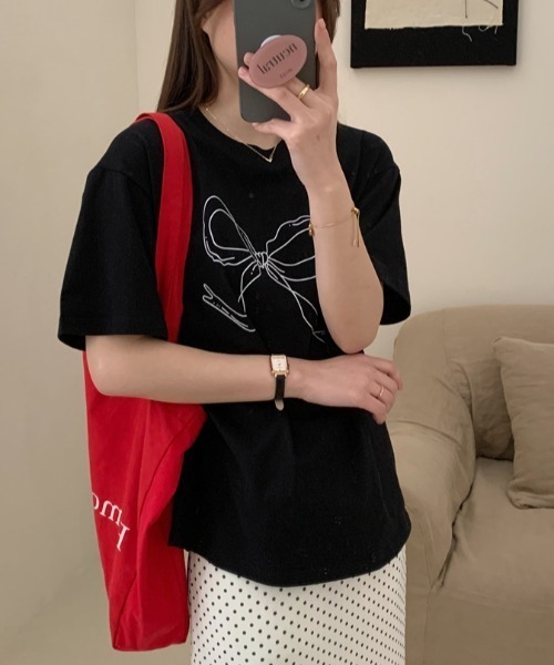 FREE STYLISTS(フリー スタイリスト)の「YUGA_YGMC リボンプリント Tシャツ(Tシャツ/カットソー・レディース・ブラック/ホワイト・FREE)」の9枚目の写真