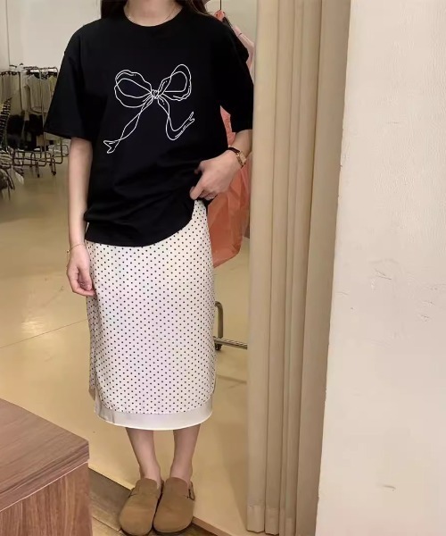 FREE STYLISTS(フリー スタイリスト)の「YUGA_YGMC リボンプリント Tシャツ(Tシャツ/カットソー・レディース・ブラック/ホワイト・FREE)」の4枚目の写真