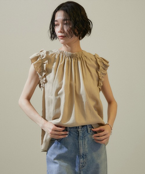 サロンアダムエロペ WEB限定 麻混 フリルスリーブ ブラウス ベージュ SALON adam et rope'（サロン アダム エ ロペ）の「【WEB限定】麻混