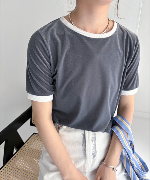 EPIMI E'PIMMY（エピミエピミー）の「シアーベロアリンガーTシャツ（Tシャツ/カットソー・レディース・アイボリー/グリーン/グレー・MEDIUM）」の3枚目の写真