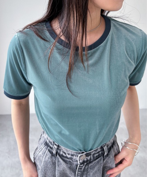 Re:room ★新品未使用品★ ラインロゴリブベロアTシャツ & ショーツ セール】シアーベロアリンガーTシャツ（Tシャツ/カットソー