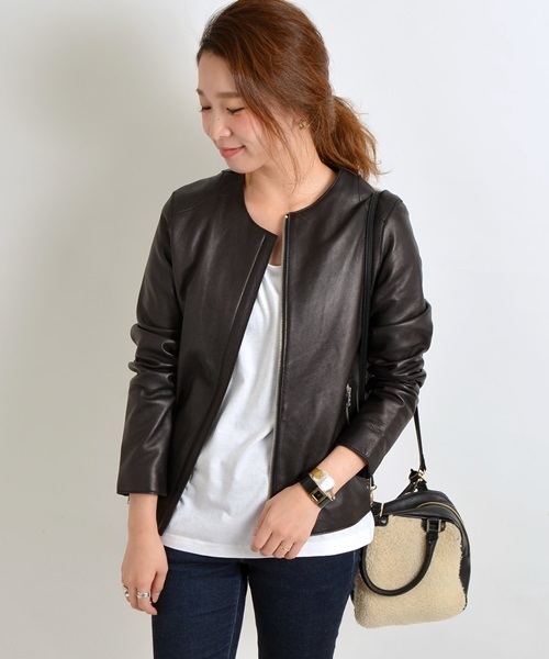 SHIPS for women(シップスフォーウィメン)の「レザーシングル ノーカラージャケット(ノーカラージャケット・レディース・ブラック・38/36)」の1枚目の写真