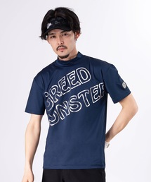 GREED MONSTER（グリードモンスター）の「【GREED MONSTER:グリードモンスター】Bordering Logo Mockneck T-shirt/ライトウェイトストレッチ素材フロントロゴデザイン半袖モックネックTシャツ（ゴルフグッズ）」