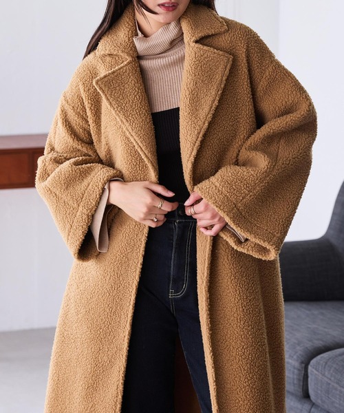 ウール ロング コート ボア ジャケット ムートン シンプル 黒 RANAN コート アウター ムートンライクボアロングコート