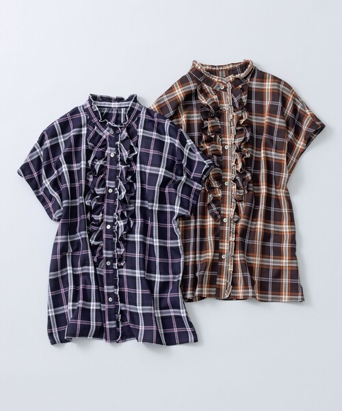 組曲（クミキョク）の「シアーツイルチェック フリルブラウス（シャツ/ブラウス・レディース・ネイビー系3/ブラウン系3・2/3）」の5枚目の写真