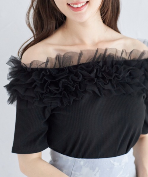 tocco closet（トッコ　クローゼット）の「チュールフリルカットプルオーバー（Tシャツ/カットソー・レディース・オフホワイト/ブラック・M）」の2枚目の写真