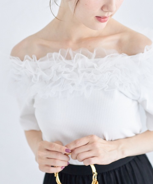 tocco closet（トッコ　クローゼット）の「チュールフリルカットプルオーバー（Tシャツ/カットソー・レディース・オフホワイト/ブラック・M）」の7枚目の写真