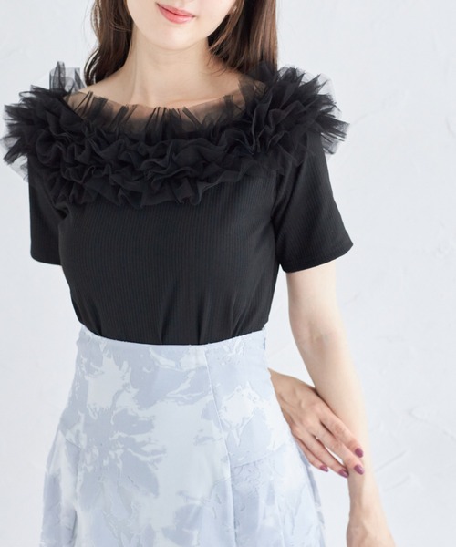 tocco closet（トッコ　クローゼット）の「チュールフリルカットプルオーバー（Tシャツ/カットソー・レディース・オフホワイト/ブラック・M）」の8枚目の写真