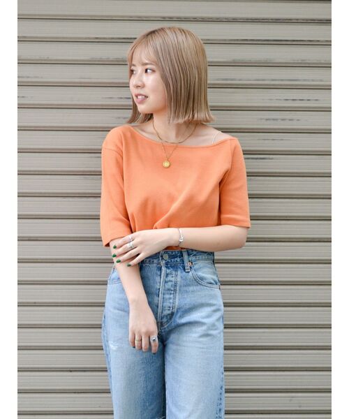 Ungrid(アングリッド)の「ワンショルテレコTee(Tシャツ/カットソー・レディース・オレンジ/オフホワイト/チャコールグレー・FREE)」の1枚目の写真